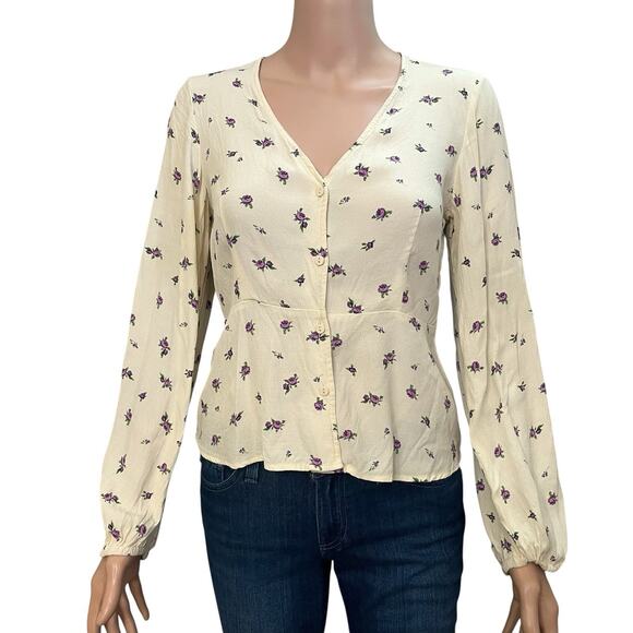 Mango Floral Button Down Blouse 4 US Peplum Hem Long Sleeve Cottagecore Coquette - Picture 1 of 10